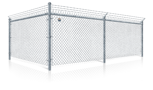 Detailed view of galvanized chain link fence with barbed wire